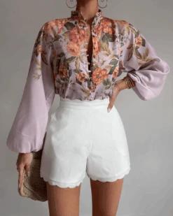 Rosa Satin Top - Purple Floral Print -Twosisters The Label brightened shorts